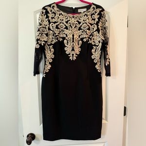 Katherine Kelly black and champagne cocktail dress